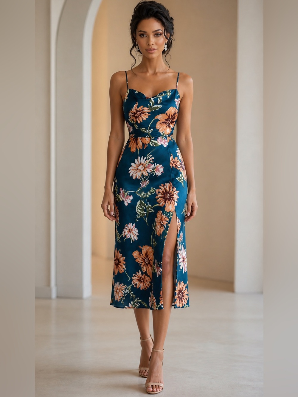 Blue Satin Floral Print Dress